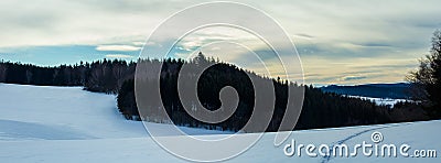 Panoramatic winter czech landscape with small path in snow Stock Photo