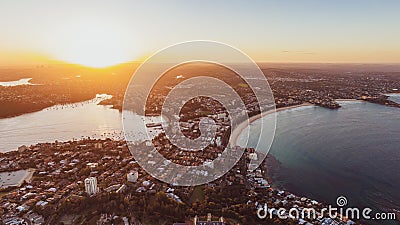 Panoramic aerial drone sunset view of Manly, an affluent seaside suburb of Sydney, New South Wales, Australia. Stock Photo