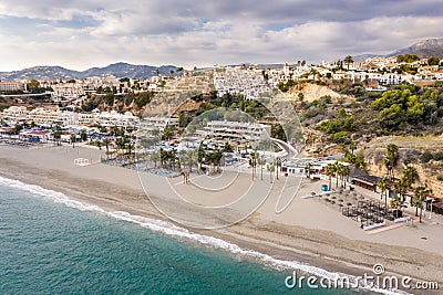 Panoramic aerial view of Burriana beach situated in Nerja Village , Malaga - Spain. Stock Photo
