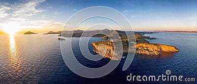 Panoramic aerial view of Cape Sounion with the iconic Temple of Poseidon, Greece Stock Photo