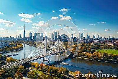 Panoramic aerial view of the city of Frankfurt am Main, Germany, aerial drone view to cable-stayed Siekierkowski Bridge over the Stock Photo