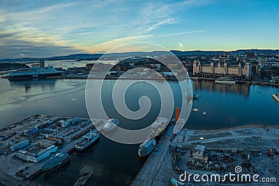 Panoramic aerial view of the city of Oslo, the central part of the city around Oslo Opera House and the port in Winter. Oslo, Stock Photo