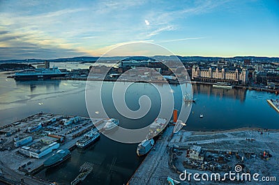 Panoramic aerial view of the city of Oslo, the central part of the city around Oslo Opera House and the port in Winter. Oslo, Editorial Stock Photo