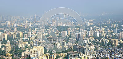 Panoramic aerial view of foggy, polluted, crowded extended suburbs of Navi Mumbai New Bombay Stock Photo