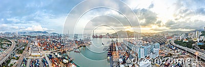 Panoramic aerial view of Hong Kong port industrial district, Stonecutters Bridge, and city on sunset skyline background Editorial Stock Photo