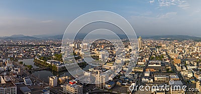 Panoramic aerial view of Japanese castle and Imabari city center Stock Photo