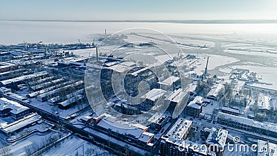 Panoramic aerial view of Kronstadt. Petrovskaya pier where the ships are. Coastline. Kotlin Island. Winter Stock Photo
