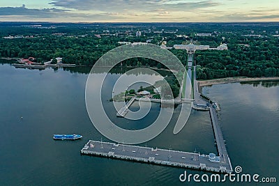 Panoramic aerial view of the Lower Park in Peterhof. Pier. The Gulf of Finland. Summer. Green trees Editorial Stock Photo