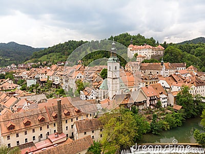 Panoramic aerial view of medieval old town of Skofja Loka, Slovenia Stock Photo