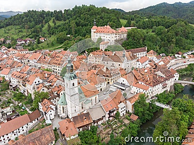 Panoramic aerial view of medieval old town of Skofja Loka, Slovenia Stock Photo