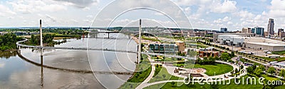 Panoramic aerial view of the Missouri river and the entire Bob Kerrey bridge Omaha Nebraska Stock Photo