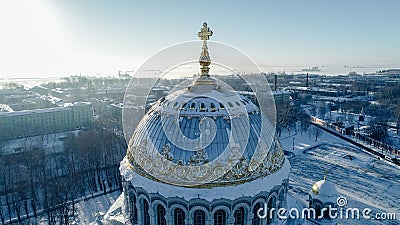 Panoramic aerial view of the Naval Cathedral of St. Nicholas the Wonderworker in Kronstadt. Anchor area. Kotlin. Stock Photo