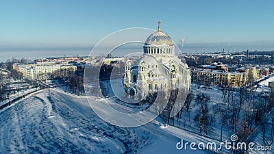 Panoramic aerial view of the Naval Cathedral of St. Nicholas the Wonderworker in Kronstadt. Anchor area. Kotlin Stock Photo