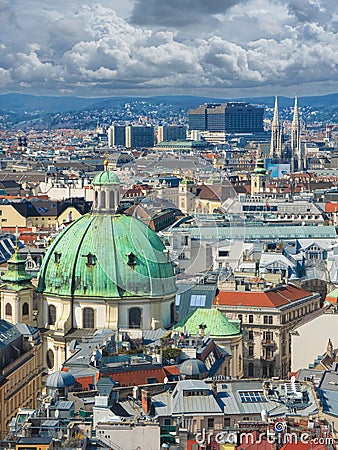 Panoramic aerial view over historic old town of Vienna with famous landmarks as St. Stephen& x27;s cathedral Stock Photo