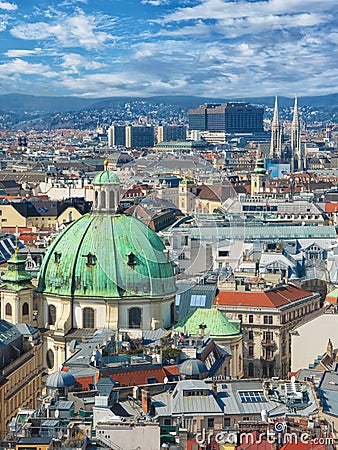 Panoramic aerial view over historic old town of Vienna with famous landmarks as St. Stephen& x27;s cathedral Stock Photo