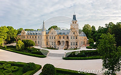 Panoramic aerial view about about the period-correctly renovated Wenckheim Palace at SzabadkÃ­gyÃ³s, Hungary. Stock Photo