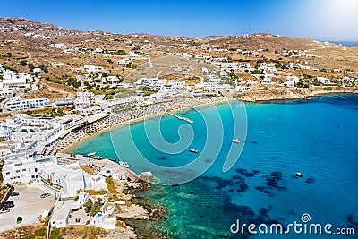 Panoramic aerial view of the popular Platis Gialos beach, Mykonos Stock Photo