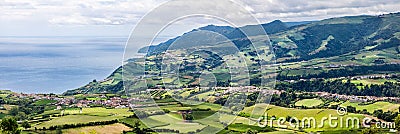 Panoramic Aerial View of Povoacao in Sao Miguel, Azores Stock Photo