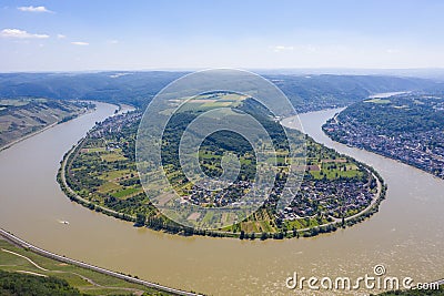 Panoramic aerial view of the Rhine loop or sinuosity near the city of Boppard. Gedeon Neck lookout point. Boppard is the city in t Stock Photo