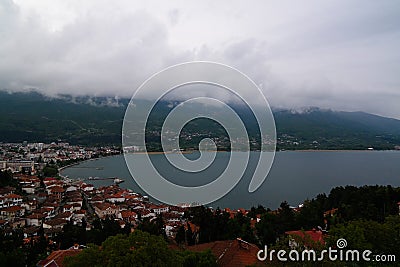 Panoramic aerial view to Ohrid lake and city from Samuels Fortress, North Macedonia Stock Photo