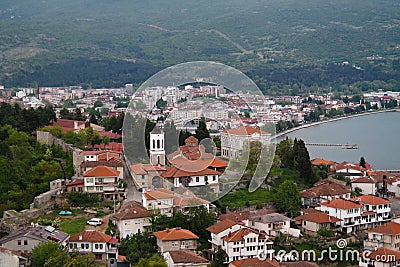 Panoramic aerial view to Ohrid lake and city from Samuels Fortress, North Macedonia Stock Photo