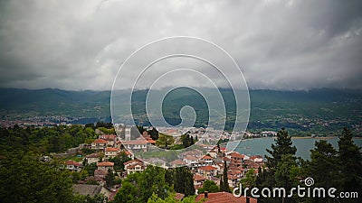Panoramic aerial view to Ohrid lake and city from Samuels Fortress, North Macedonia Stock Photo