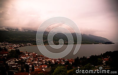 Panoramic aerial view to Ohrid lake and city from Samuels Fortress, North Macedonia Stock Photo