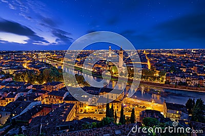 Panoramic aerial view of Verona, Italy at blue hour, after summer sunset Stock Photo