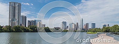 Panoramic Austin downtown skyscraper from boardwalk along Colora Stock Photo