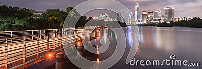 Panoramic Austin downtown skyscraper reflection along Colorado R Stock Photo