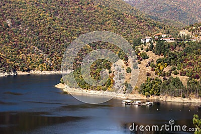 Panoramic Autumn ladscape of The Vacha Antonivanovtsi Reservoir, Rhodope Mountains, Bulgaria Stock Photo