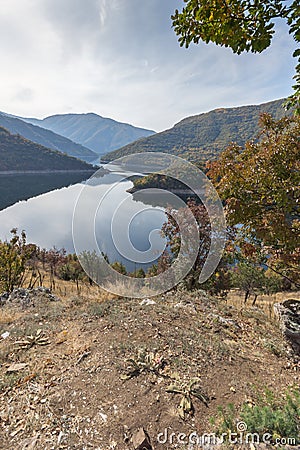 Panoramic Autumn ladscape of The Vacha Antonivanovtsi Reservoir, Rhodope Mountains, Bulgaria Stock Photo
