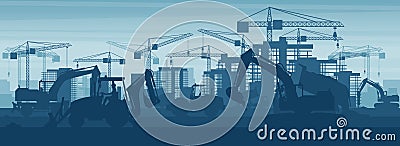 Panoramic background of heavy machinery such as excavator, backhoe, truck, soil compactor, wheel excavator, concrete trucks, Vector Illustration