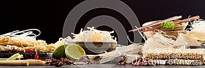 Panoramic banner with assortment of Asian noodles Stock Photo