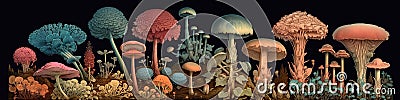 Panoramic banner, various mushroom species, AI generative Cartoon Illustration