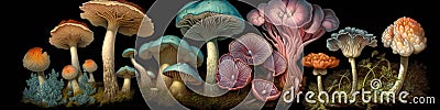 Panoramic banner, various mushroom species, AI generative Cartoon Illustration