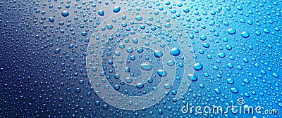 Panoramic banner of water drops on blue metal Stock Photo