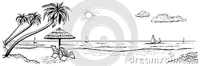 Panoramic beach view. Vector illustration of seaside with palms, two chairs, umbrella and yachts. Vector Illustration