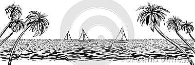 Panoramic beach with yachts regatta. Vector sketched landscape with palms and sea. Vector Illustration