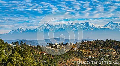 Panoramic beautiful view of mount Trisul, Nanda Devi with the beautiful sky on the way to Binsar, Kasardevi, Almora Uttarakhand Stock Photo