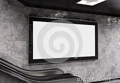 Panoramic 2:1 billboard on underground wall Mockup. Hoarding advertising on train station wall escalator 3D rendering Stock Photo