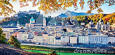 Panoramic cityscape of Salzburg, Old City, birthplace of famed composer Mozart. Colorful autumn scene of Eastern Alps. Nice morni Stock Photo