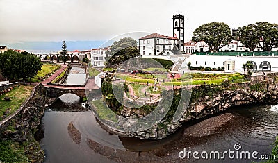 Panoramic cityscape view to Municipality and central square Of Ribeira Grande, Sao Miguel, Azores, Portugal Stock Photo