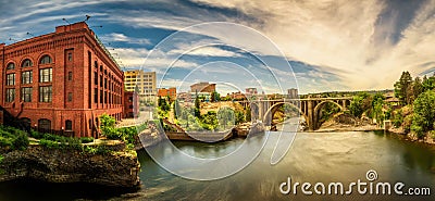 Washington Water Power building and the Monroe Street Bridge in Spokane Editorial Stock Photo