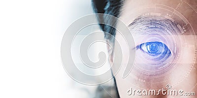 Panoramic close-up Asian businessman`s eye , with futuristic technology visual effect Stock Photo
