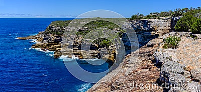 Panoramic coastal sea view and cliffs at Beecroft Head, Abrahams Bosom Reserve, Jervis Bay, NSW, Australia Stock Photo