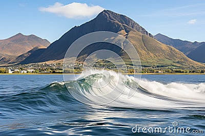 Panoramic coastal vista. gleaming sun, towering waves, anxious anticipation of the approaching swell Stock Photo