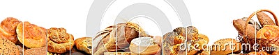 Panoramic collection of bread products. Stock Photo