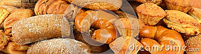 Panoramic collection of bread products Stock Photo