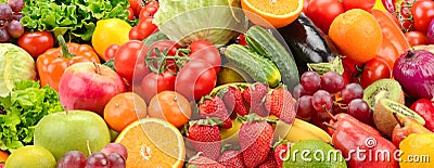 Panoramic collection healthy fruits and vegetables. Stock Photo